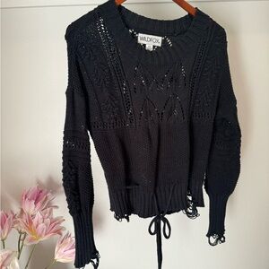 Wildfox Black Knit Bow Cinched Waist Destroyed Sweater Size:XS